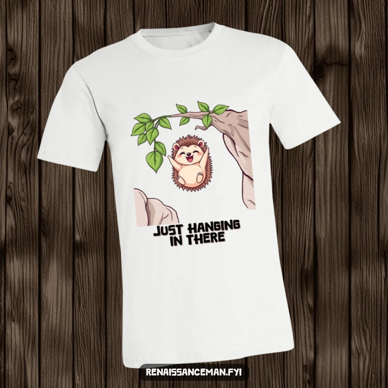 Funny Delighted Hedgehog Hanging from a Vine Over a Cliff, Adventurous T-Shirt, Humorous Apparel.