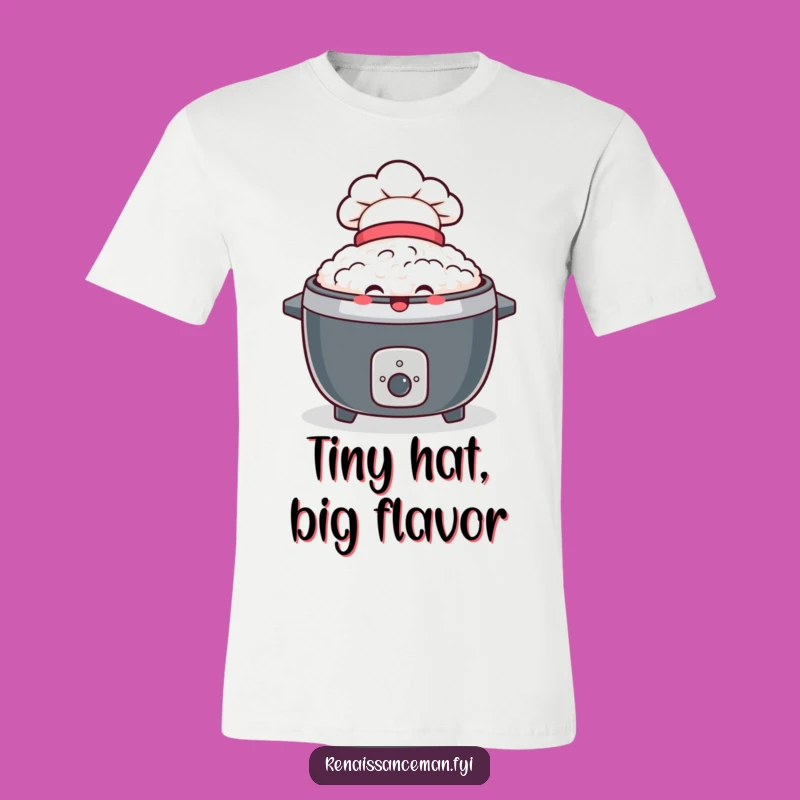 Wear your culinary passion with pride in this funny t-shirt. The delighted rice cooker sports a tiny chef hat.