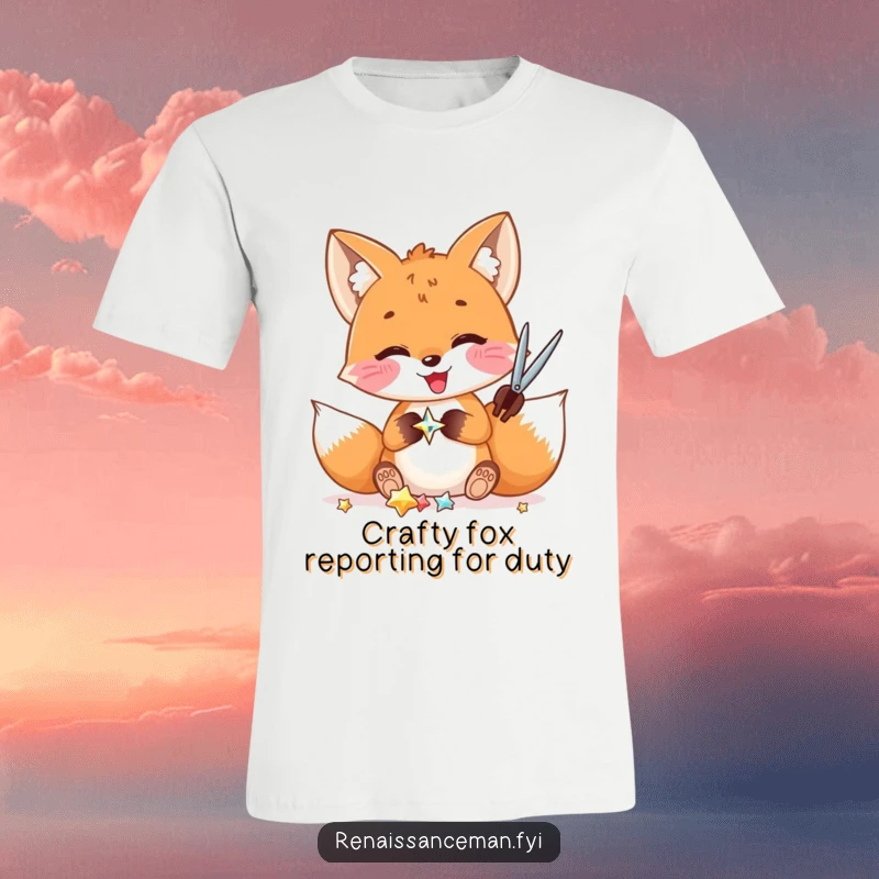 Funny t-shirt: A delighted fox carefully cuts a shiny embellishment with scissors, showcasing extreme focus and happy crafting.