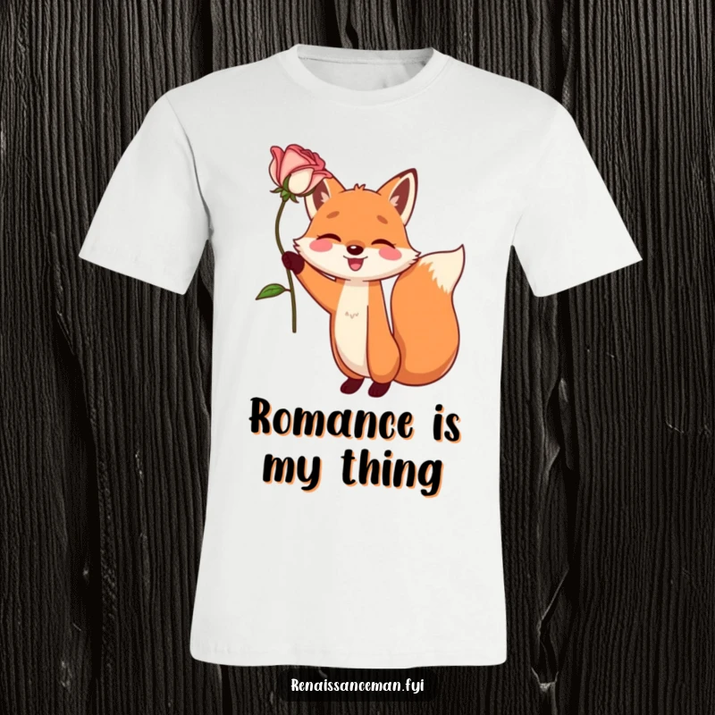 Funny t-shirt with a happy fox character dramatically holding a single, perfect rose aloft. Expresses passion and humor.