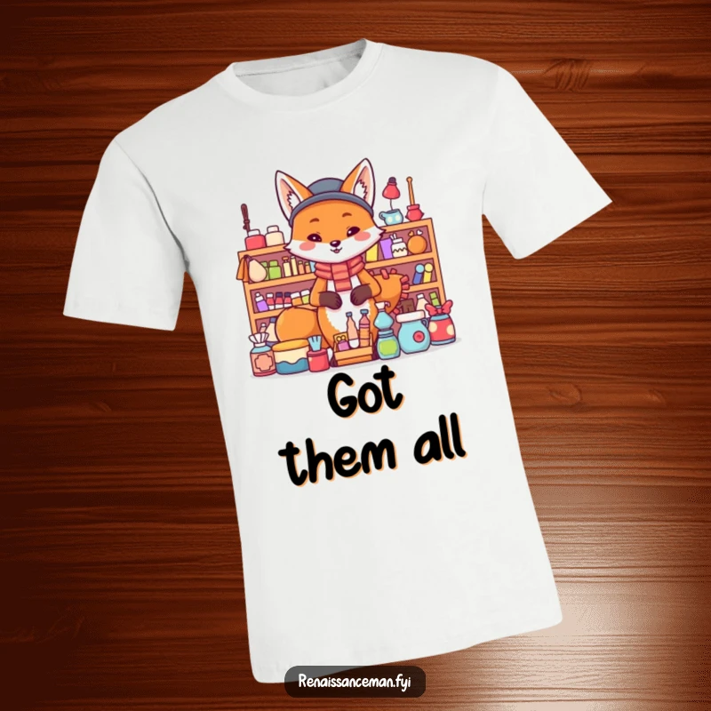 Funny fox t-shirt. A proud fox stands with confidence behind a vast array of goods, surveying its domain.