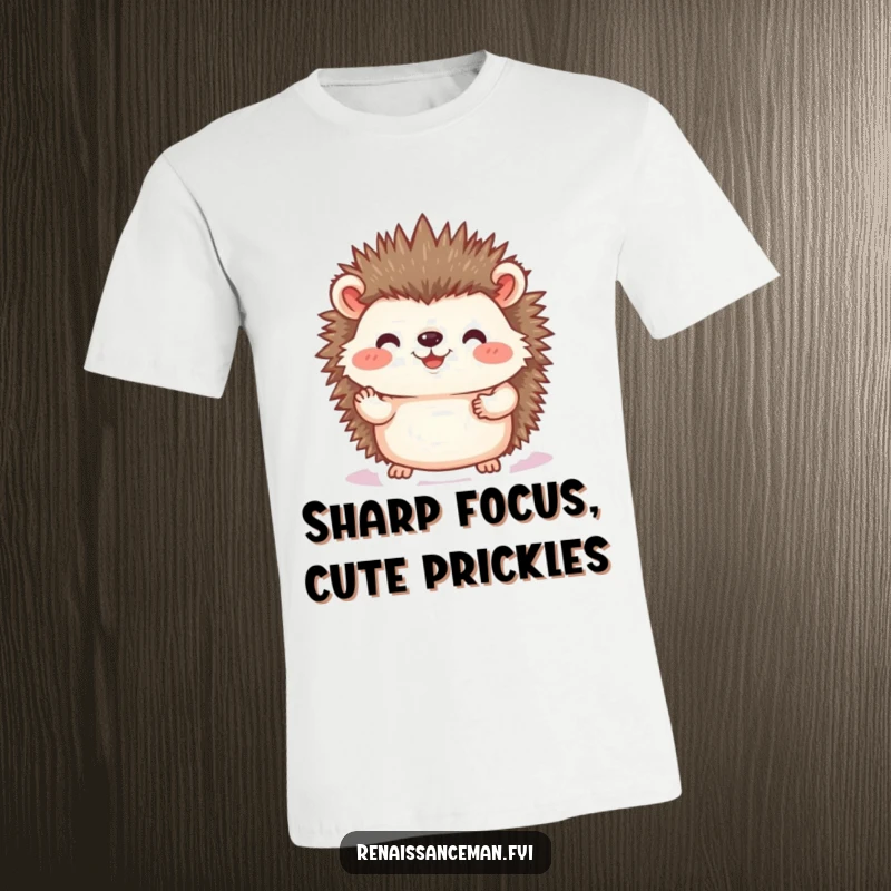 Funny hedgehog photo t-shirt, depicting a joyful hedgehog carefully placing a photographic print, ideal for memory keepers and as a charming, humorous gift.