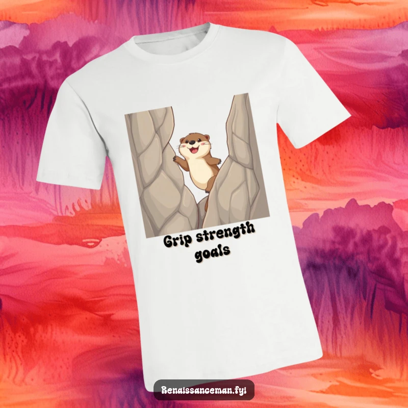 Funny otter t-shirt, a cheerful otter character is climbing a difficult cliff using its sticky paws, with a determined and happy expression.