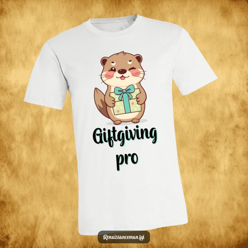 Funny otter t-shirt. A beaming otter winks as it presents a beautifully wrapped gift, exuding playful generosity.