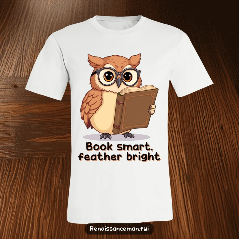 Funny owl t-shirt, wearing glasses, deeply focused on reading a massive, old book, conveying a love for knowledge and stories.