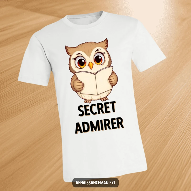 Funny owl t-shirt, curious owl with excited eyes reading a large love letter, humorous gift.