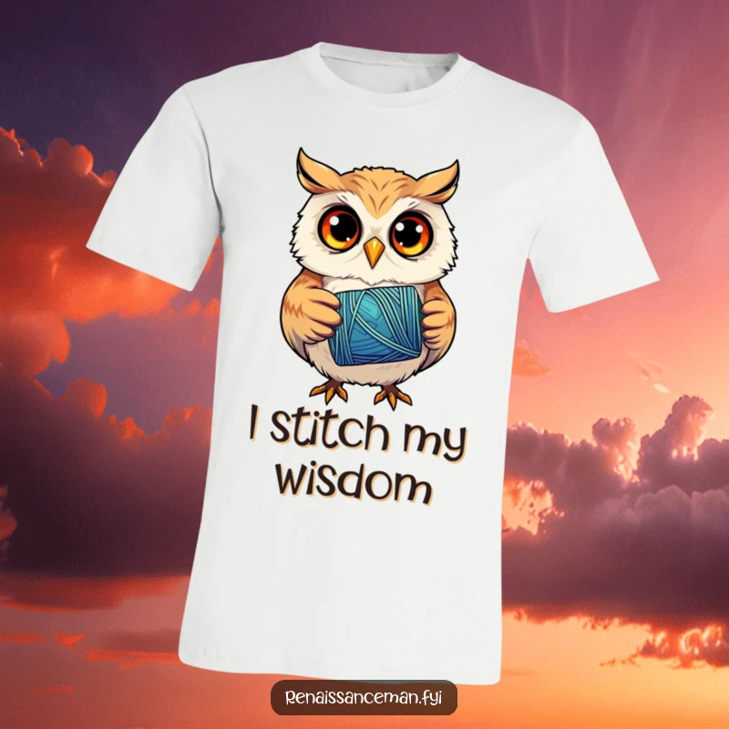 Funny t-shirt featuring a curious owl with intense focus, holding a spool of colorful thread, ready for intricate sewing projects.
