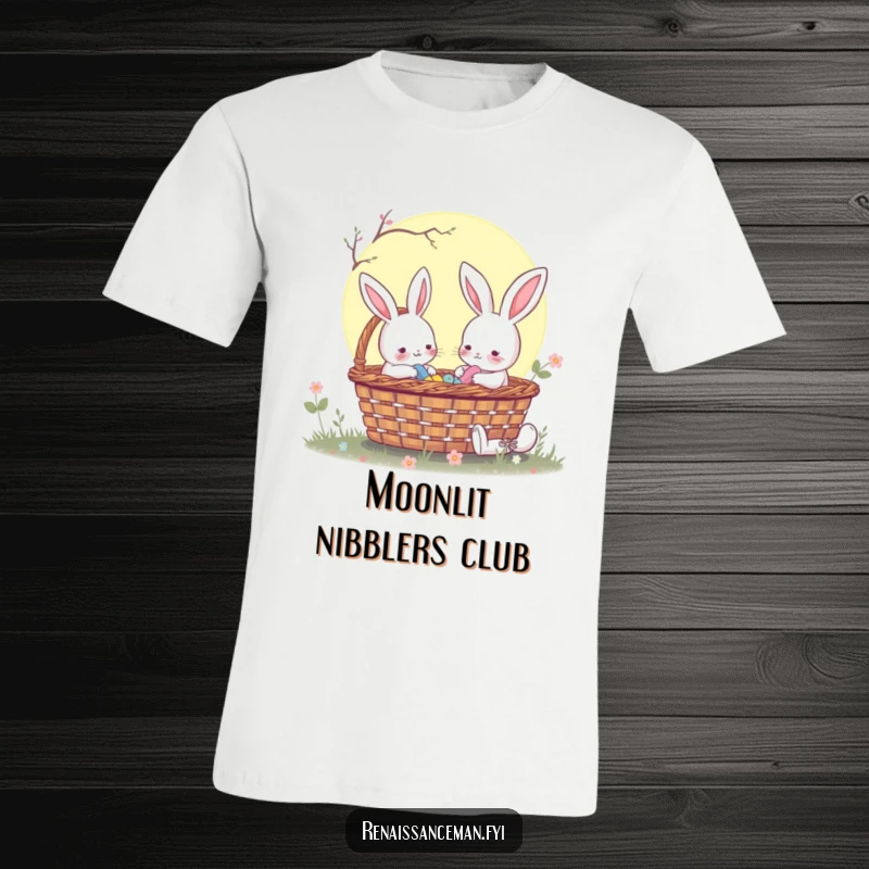 Funny rabbit and friend enjoying a moonlit picnic basket, showcasing friendship and enchanting night vibes on a comfortable tee.