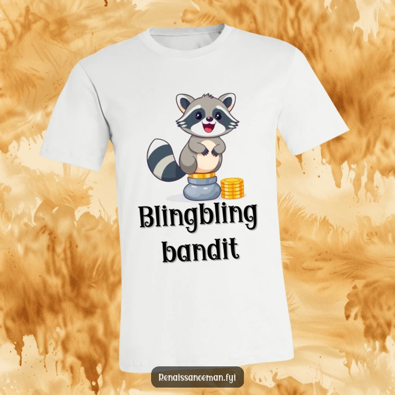 Funny raccoon t-shirt featuring a delighted bandit expertly balancing a teetering pile of shiny gold coins, embodying playful greed.