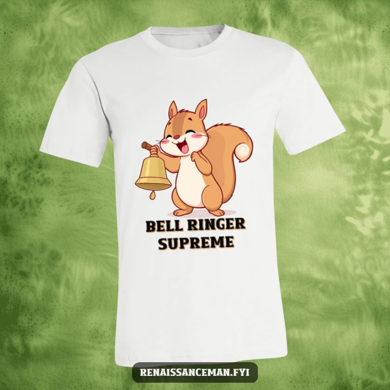 Funny t-shirt depicting a playful squirrel enthusiastically ringing a large bell with sheer delight.