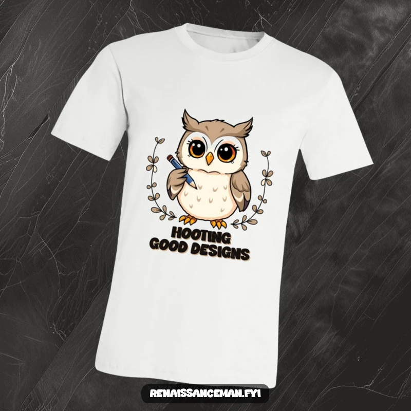 Funny t-shirt: A curious owl holds a pen, diligently drawing a decorative border with intense thought.