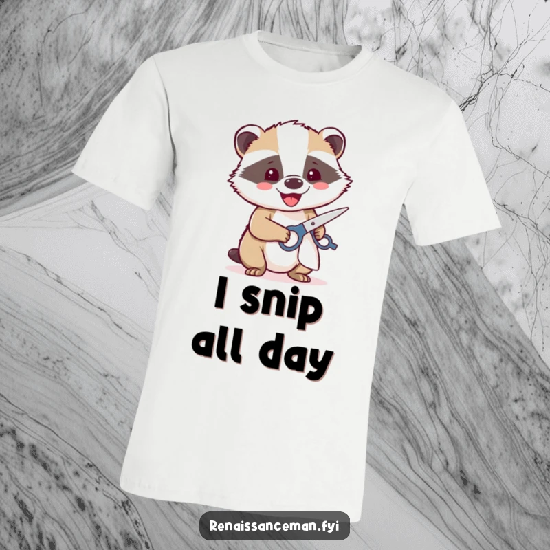 Funny t-shirt depicting a beaming badger joyfully using sharp scissors to cut fabric with a focus on detail and creativity.