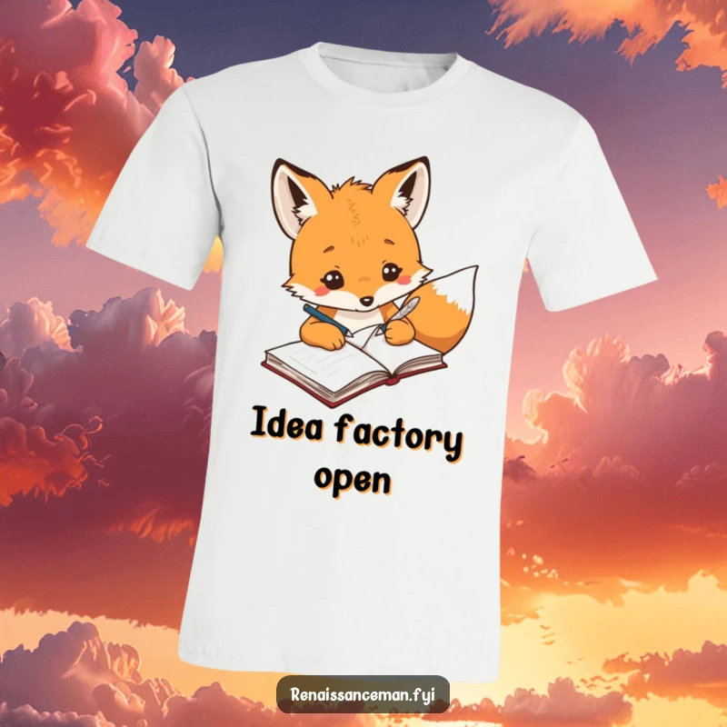 Funny creative fox using a quill pen to write ideas in a notebook, printed on a stylish t-shirt.