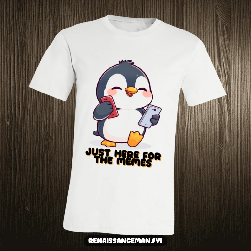 Funny penguin pulling a comical face while holding a mobile phone, showcased on a comfortable cotton t-shirt.