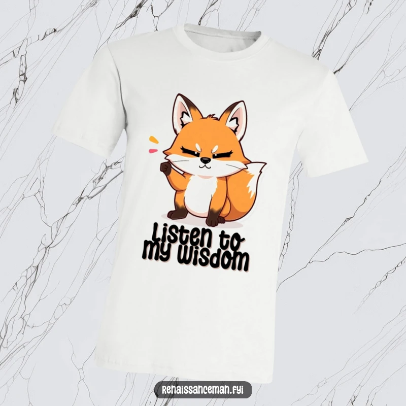 Funny t-shirt with a smug fox making a dramatic point with a condescending head tilt, ideal for intellectual communication.
