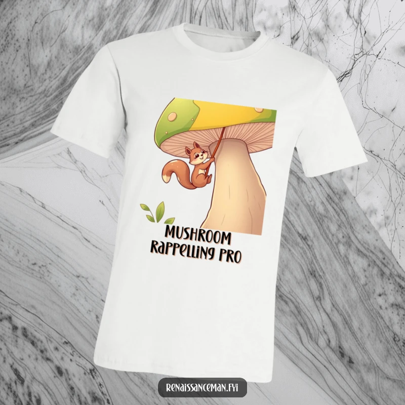 Funny squirrel t-shirt, a brave squirrel is rappelling down a colossal mushroom using a sturdy rope, with a focused and determined expression.