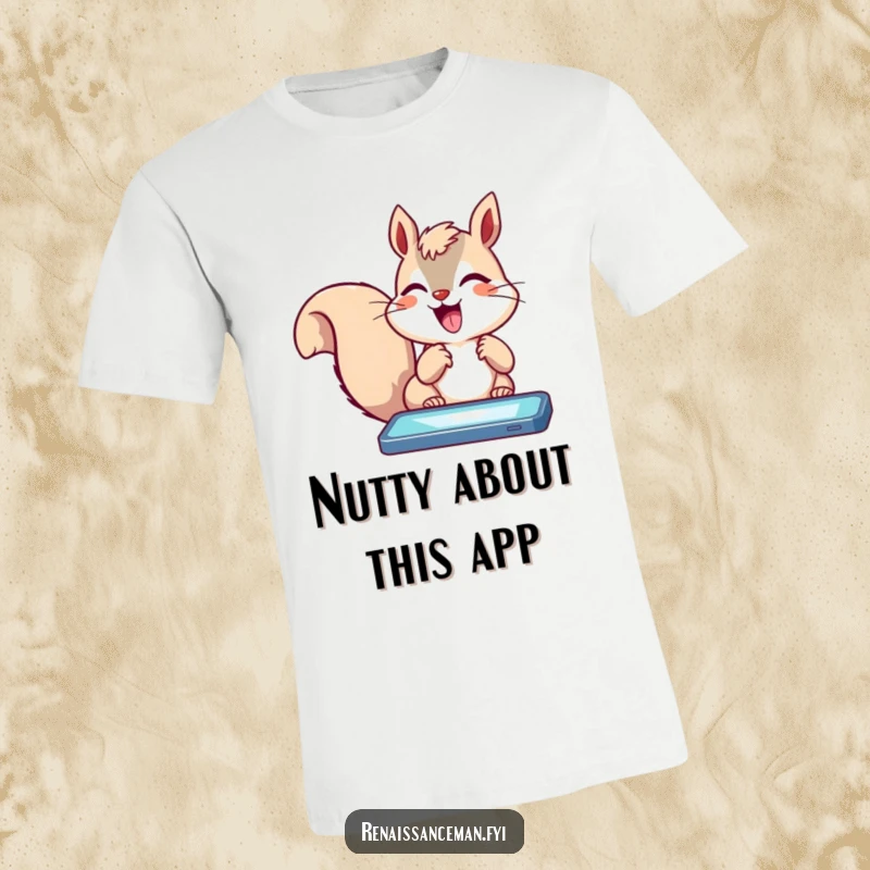 Funny excited squirrel with paws a blur, tapping rapidly on a glowing digital screen, printed on a t-shirt.