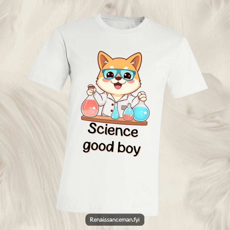 Funny t-shirt with a beaming Shiba Inu conducting a science experiment with bubbling flasks, showcasing canine scientific brilliance.
