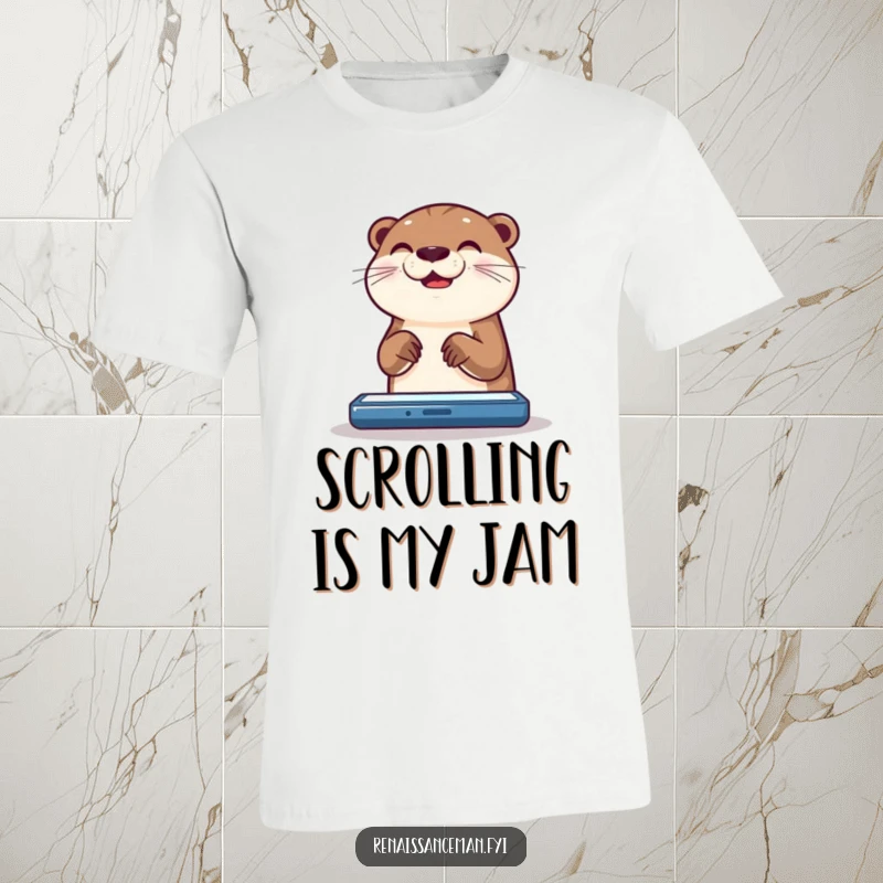 Funny otter t-shirt design: a happy otter joyfully scrolling on a brightly lit digital screen.