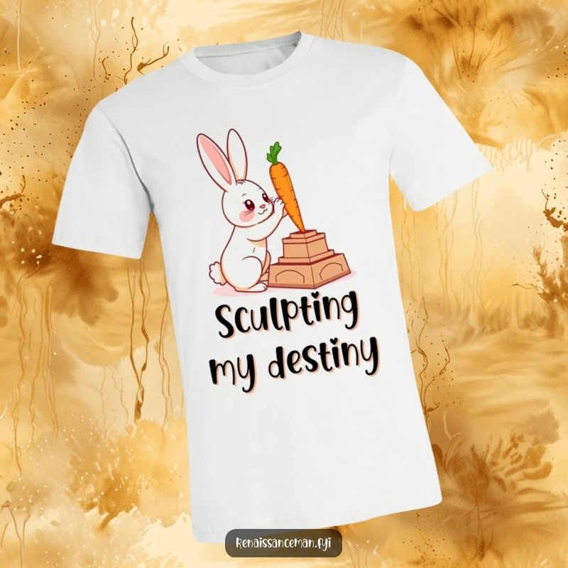 Funny T-shirt with a clever rabbit sculpting a carrot statue, perfect for art lovers and fans of whimsical creations.