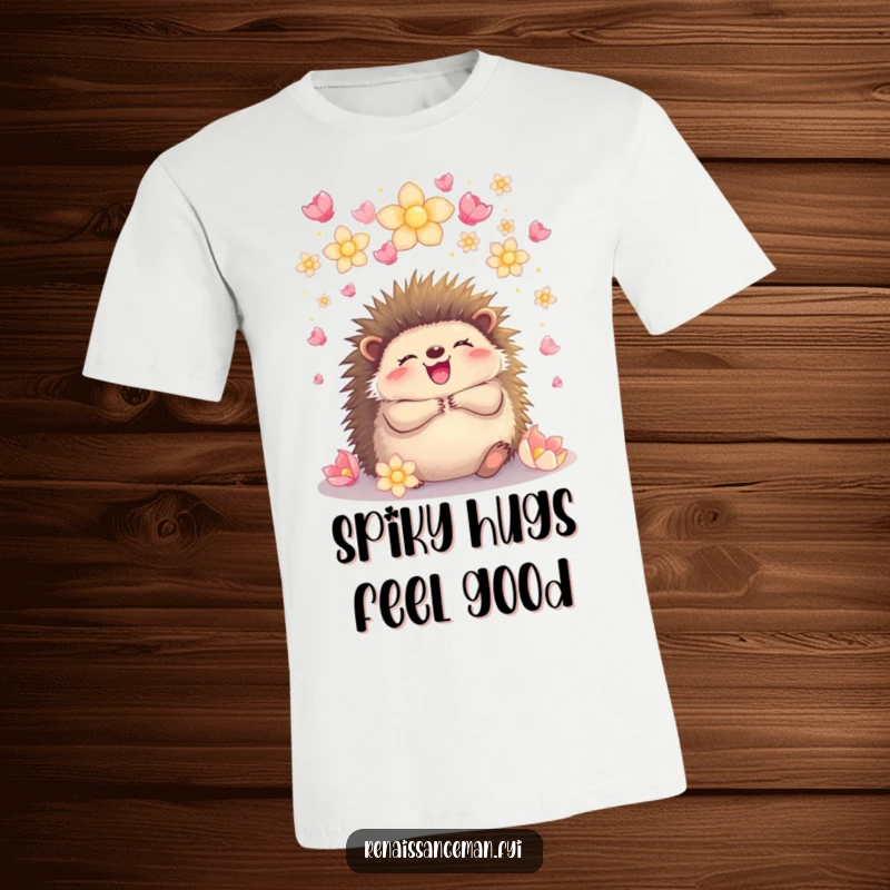 Funny hedgehog embracing joyfully beneath a cascade of glowing petals, symbolizing love and happiness on a comfortable t-shirt.