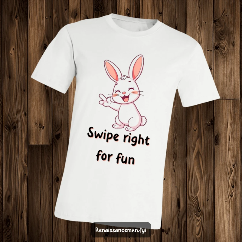 Funny rabbit t-shirt design: a cheerful rabbit with a grin energetically swiping left on a dating app.