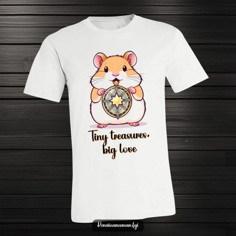 Funny hamster proudly presenting a shiny locket, a symbol of affection and precious moments on a comfortable and endearing t-shirt.