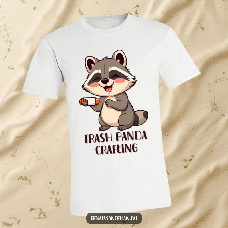 Funny t-shirt: A giggling raccoon with a wide smile adorably uses a glue stick, captured in a moment of pure joy.
