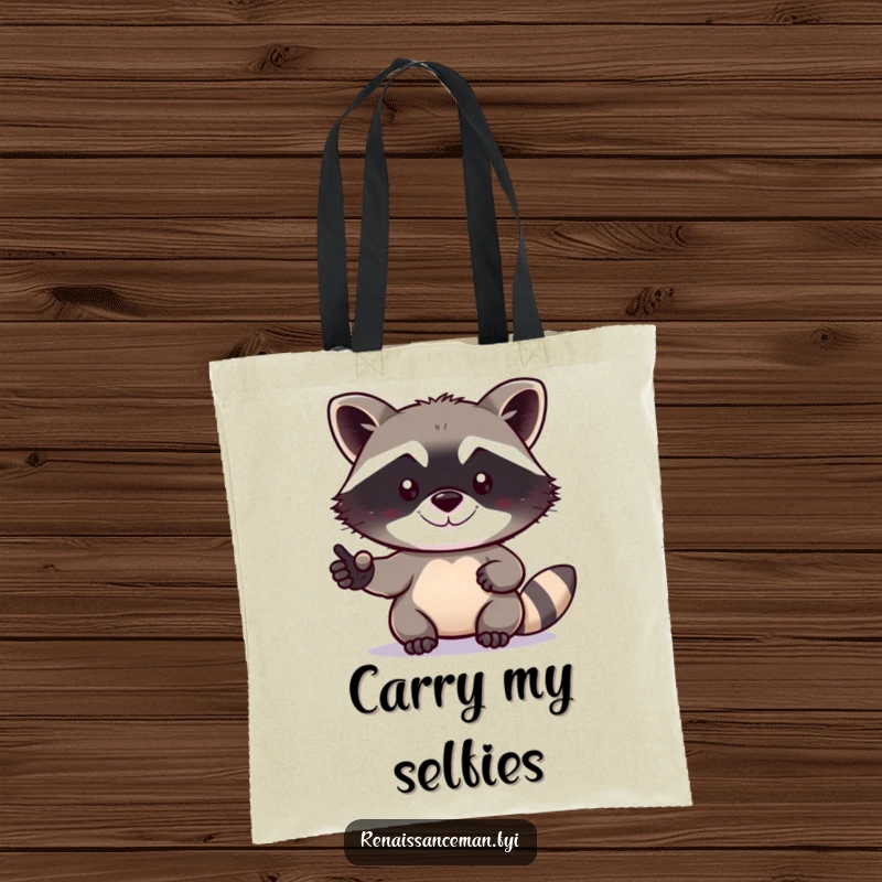Funny raccoon tote bag showing a determined raccoon taking its own selfie with a small, content grin, perfect for errands.