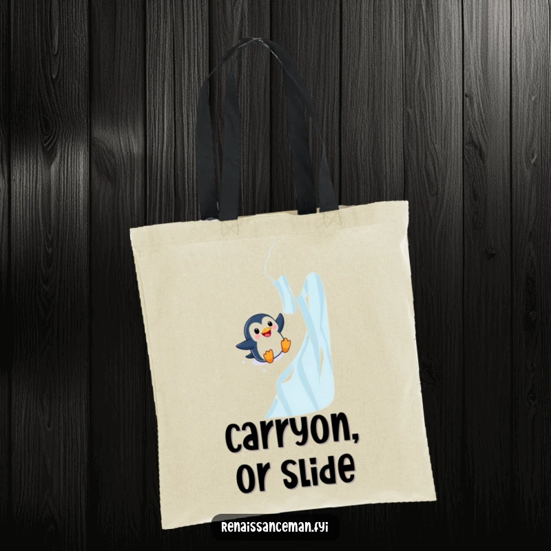 Funny Adventurous Penguin Sliding Down a Steep Icy Wall with Joy, Humorous Tote Bag.