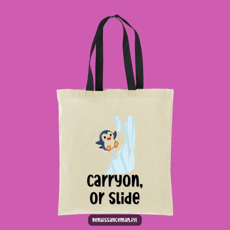 Carry your gear with flair using this funny tote bag featuring an adventurous penguin on a slide. Practical and packed with personality.