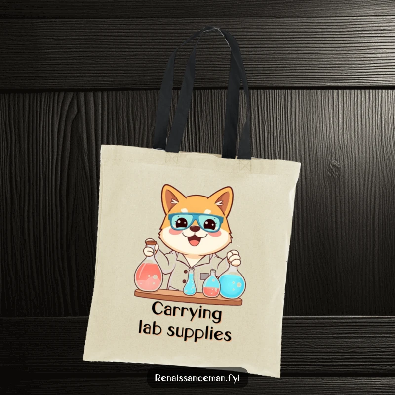Funny tote bag with a beaming Shiba Inu conducting a science experiment, perfect for carrying books and scientific enthusiasm.