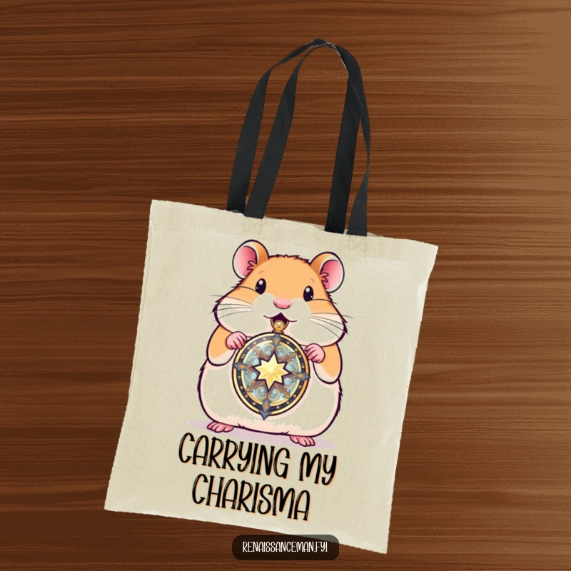 Funny hamster presenting a beautifully crafted locket, a charming tote bag for carrying essentials with a touch of sentimental pride.