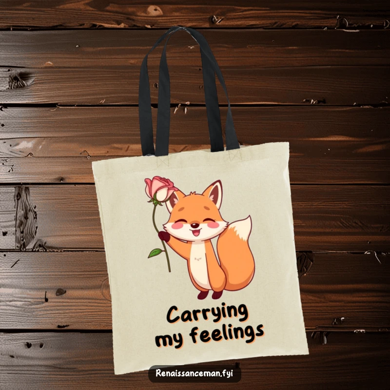 Funny tote bag with a happy fox character dramatically holding a single, perfect rose aloft. Stylish and amusing.
