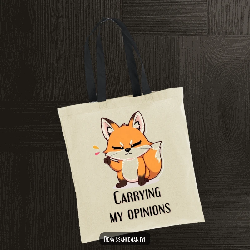 Funny tote bag with a smug fox making a dramatic point with a condescending head tilt, ideal for carrying essentials with flair.