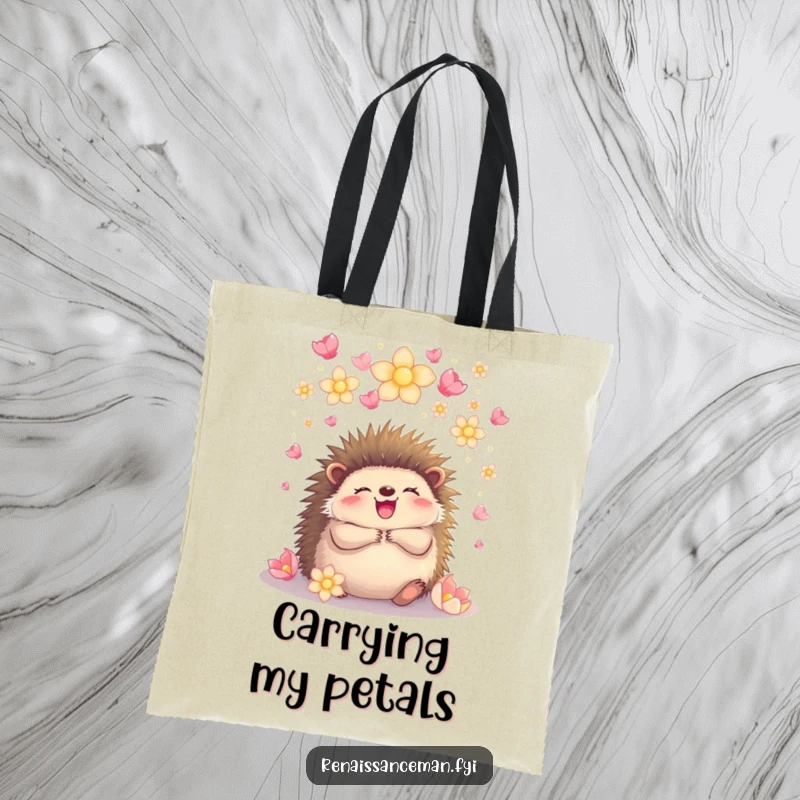 Funny hedgehog embracing under glowing petals, a charming tote bag for carrying essentials with a touch of joyful, natural beauty.