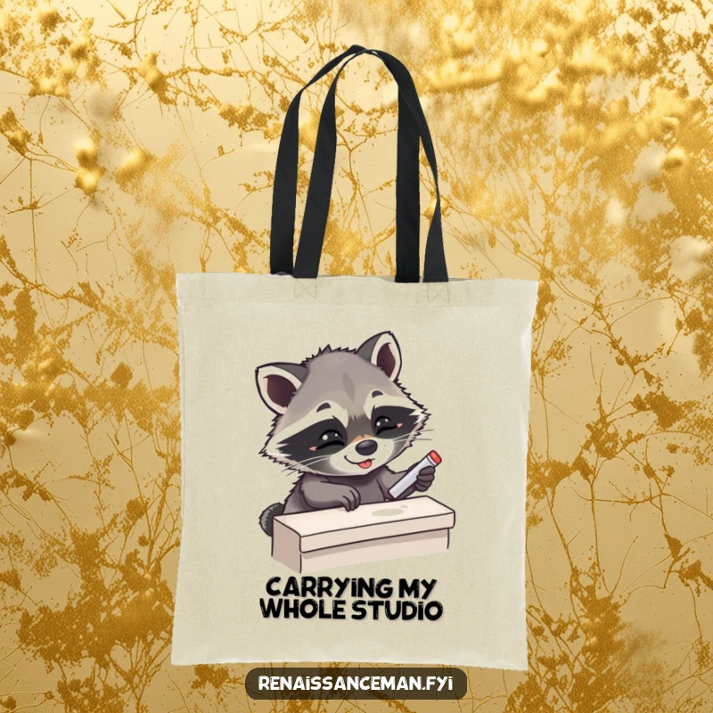Funny Giggling Raccoon Placing Chalk on Small Ledge, Durable Tote Bag for Adventurers, Humorous Accessory.
