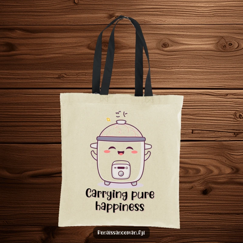 Funny tote bag with a joyful rice cooker doing a little shimmy and emitting a satisfied aroma, perfect for shopping.