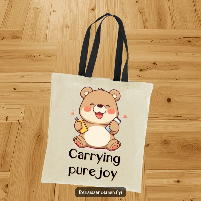 Funny tote bag illustrated with a giggling bear character demonstrating a product with exaggerated happy movements, perfect for carrying essentials.