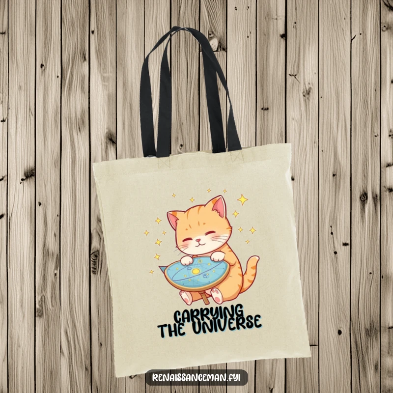 Funny cat tote bag, examining a star chart with constellations, functional and stylish, carrying cosmic adventures, feline space explorer theme.