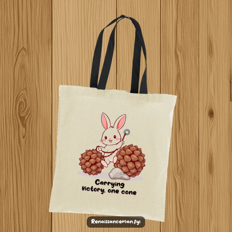 Funny tote bag featuring a cheerful bunny using a small grappling hook to ascend a pinecone, ideal for carrying items humorously.