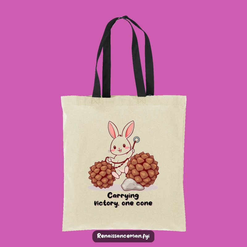 Haul your goodies in style with this tote bag showcasing a bunny's epic pinecone quest. Practicality meets pure, hilarious fun.