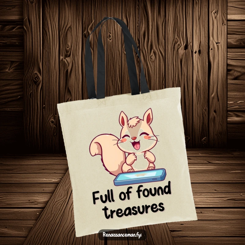Funny squirrel tapping a luminous screen with palpable excitement, ready to hold your belongings in this humorous tote bag.