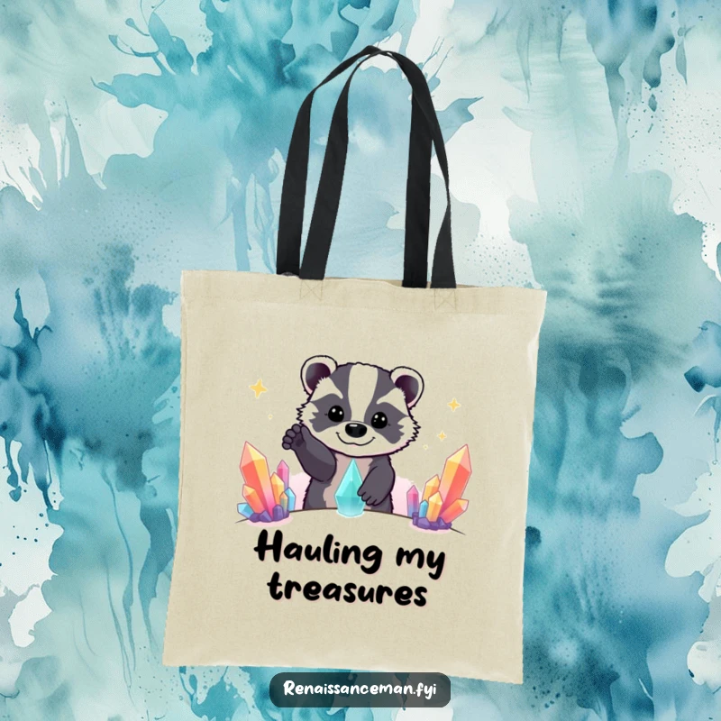 Funny Beaming Badger Reaching for Distant Colorful Crystal Formation, Humorous Tote Bag for Collectors.