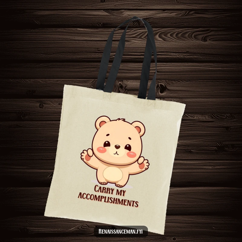 Funny bear layout tote bag, featuring a proud bear showcasing a completed design, perfect for carrying items with a sense of accomplishment and humor, great gift.