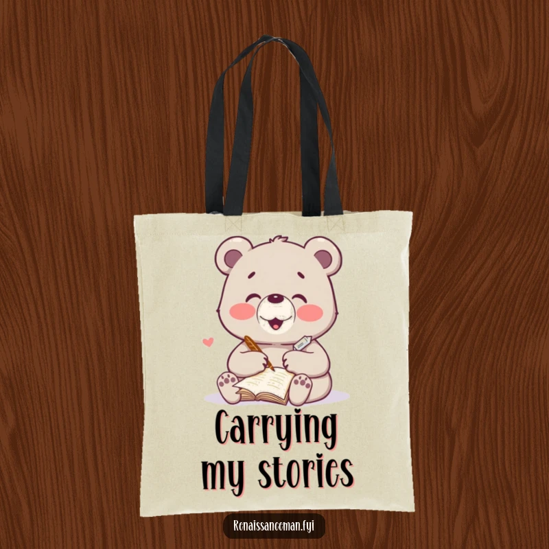 Funny tote bag with a delighted bear character writing a heartfelt poem with a quill. Practical and charming.