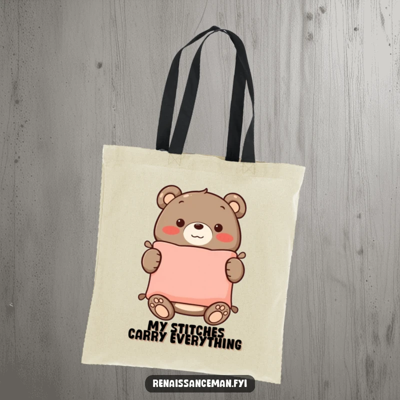 Funny tote bag featuring a happy bear proudly displaying a perfectly sewn cushion, ideal for crafters on the go.