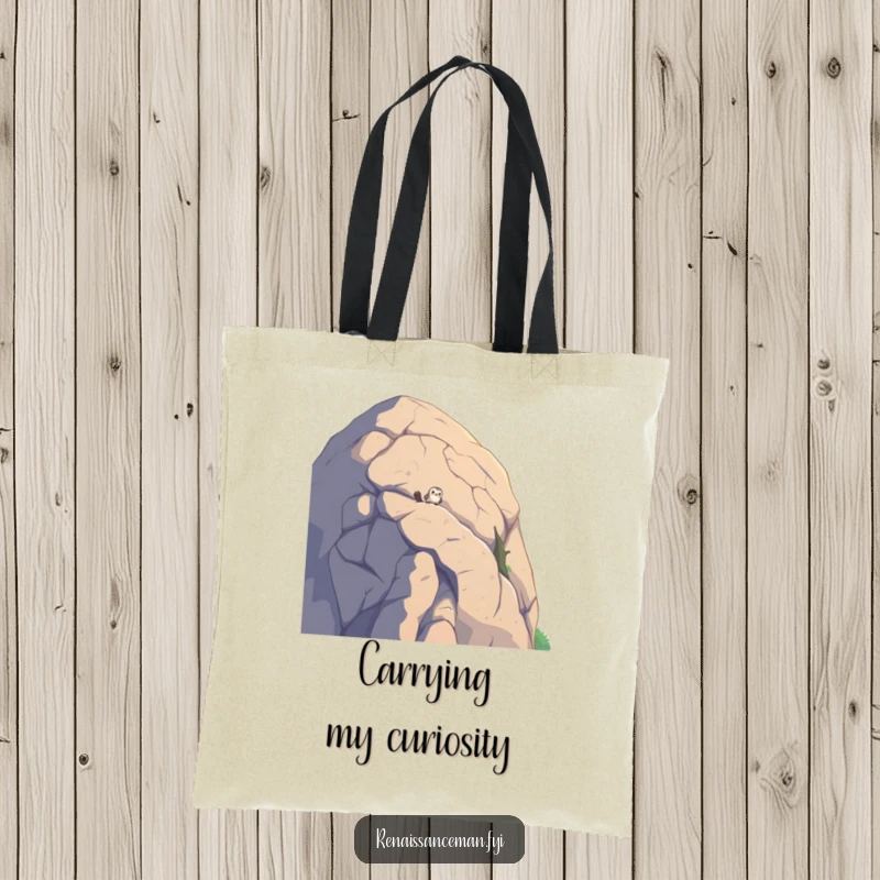 Funny tote bag featuring a curious bird peeking over a huge boulder, ideal for carrying items with a humorous, natural flair.