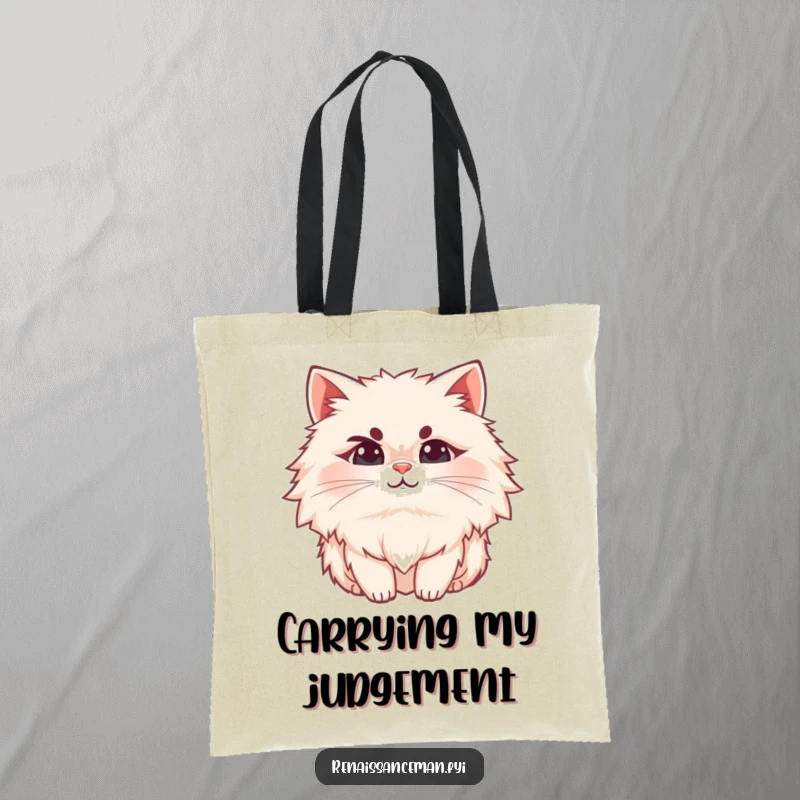 Funny cat tote bag, a fluffy cat with a raised eyebrow and a subtle smirk, perfect for carrying everyday items.