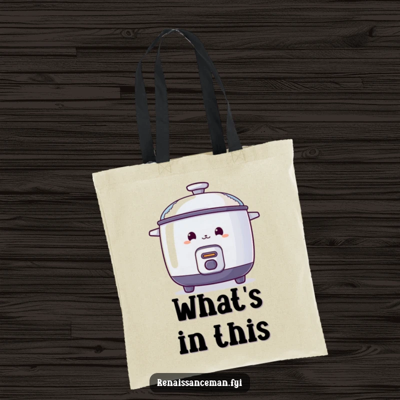 Funny tote bag with a curious rice cooker peeking from behind a steaming lid, perfect for carrying groceries or secrets.